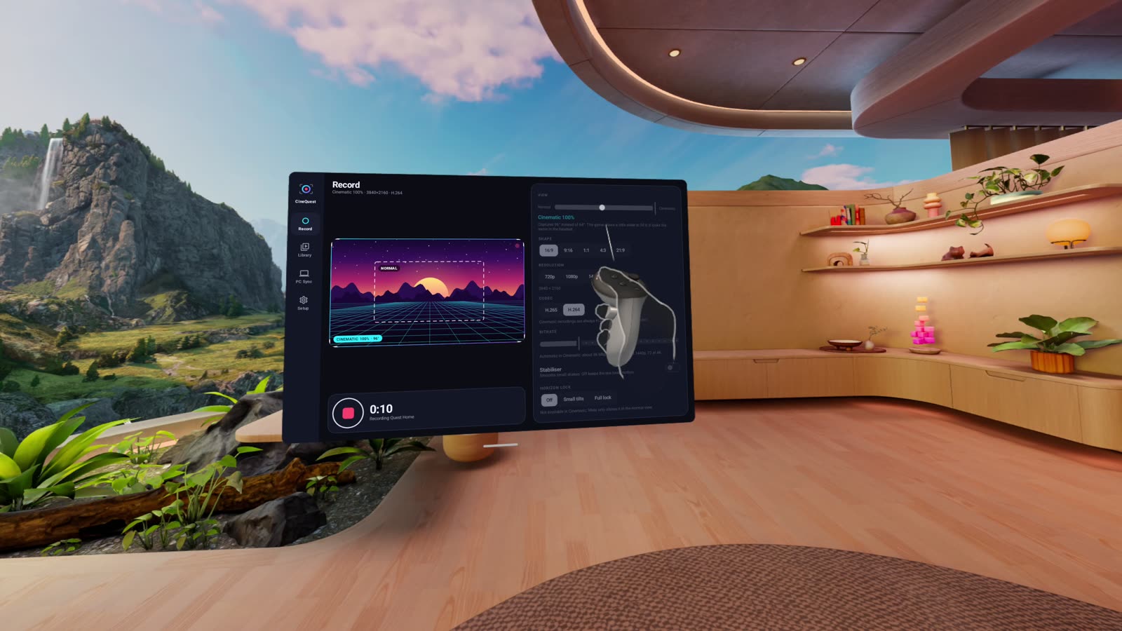 A real CineQuest Cinematic recording in Quest Home, with the CineQuest Record screen floating in the room